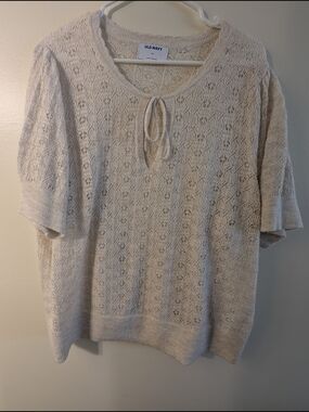 Old Navy Cream Open-Knit Scoop Neck Sweater with Tie